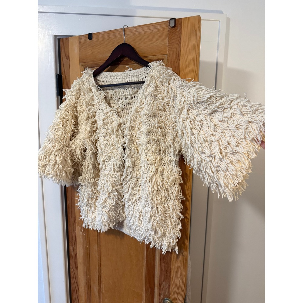 Vintage 70s Shaggy Crochet Cardigan Sweater Cream Fringe Boho Button Front